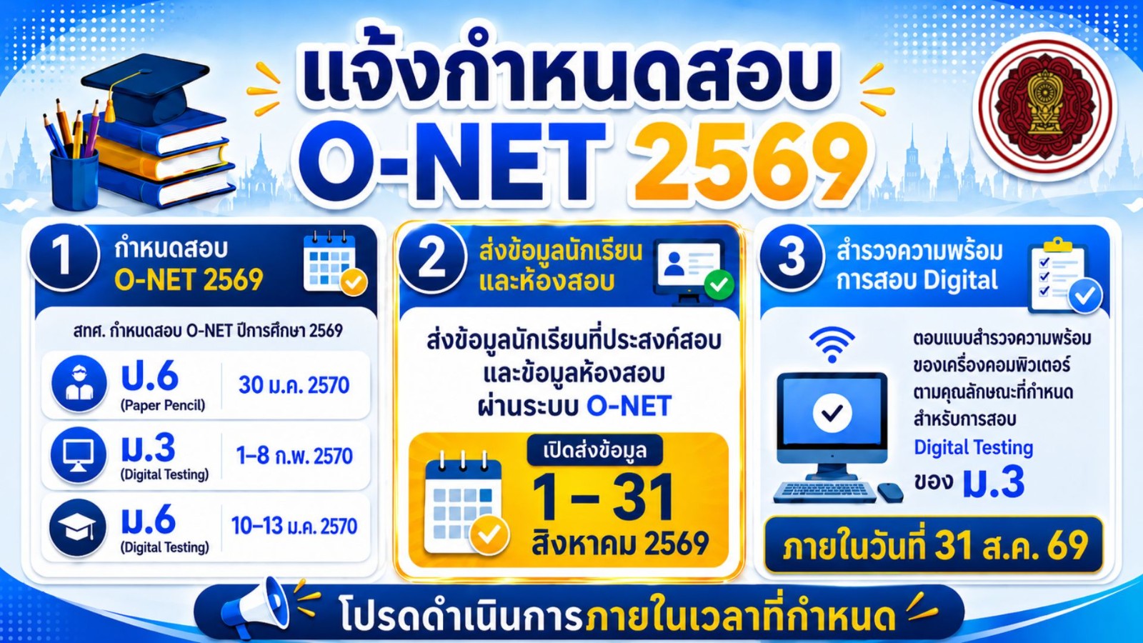 แจ้งการดำเนินการทดสอบทางการศึกษาระดับชาติขั้นพื้นฐาน (O-NET) ปีการศึกษา 2569